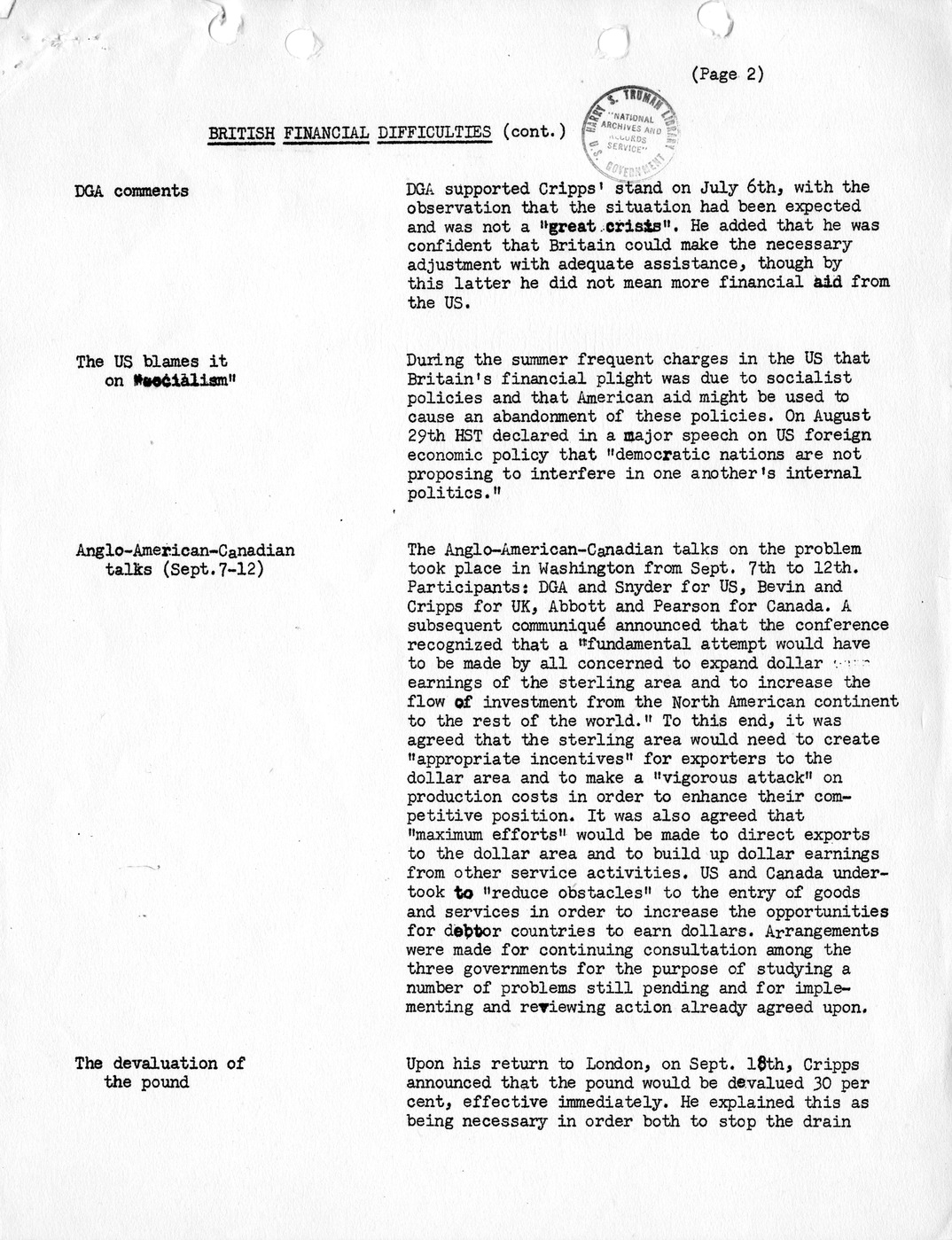 Synopsis B, British Financial Difficulties, July-September, 1949