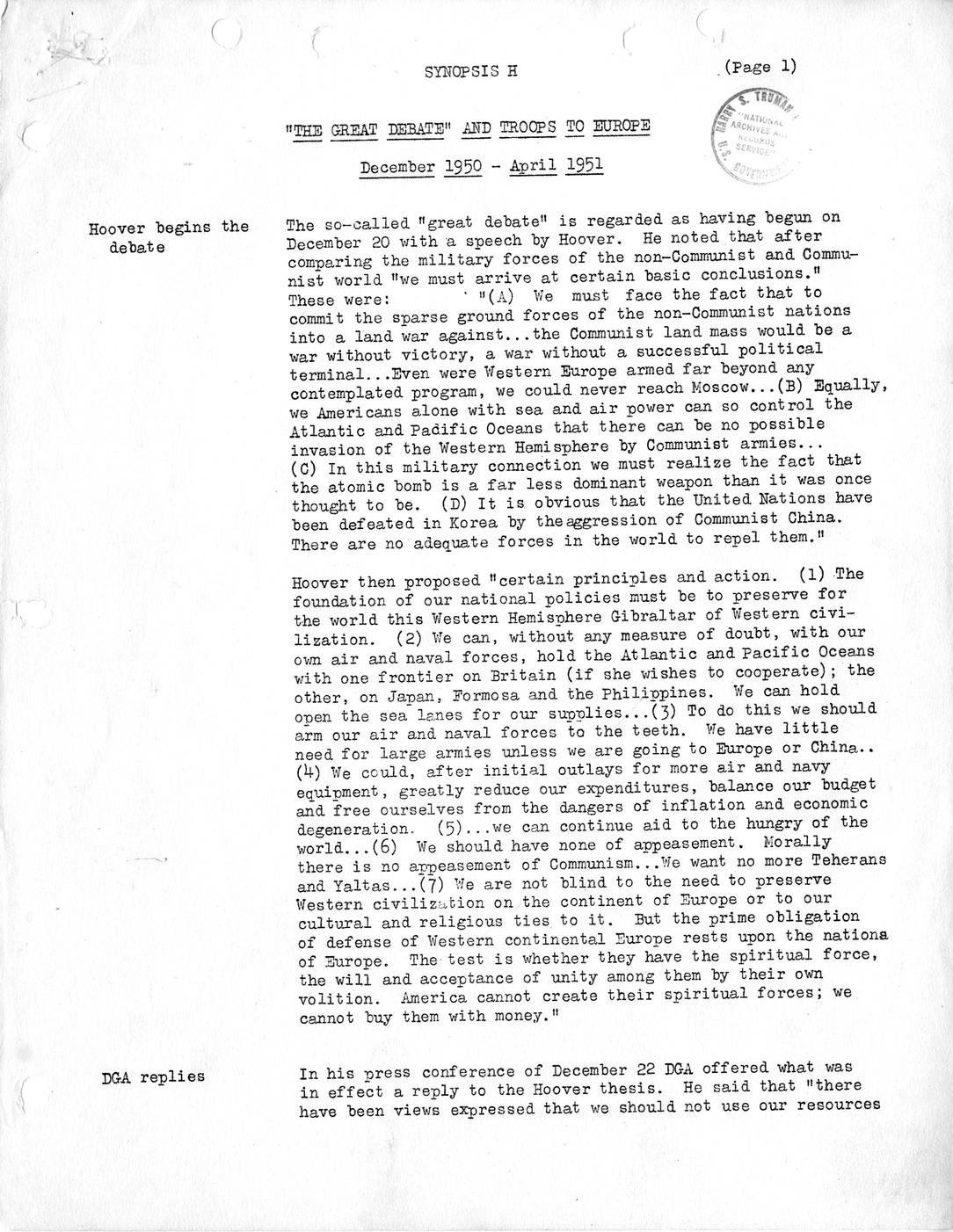 Synopsis H, "The Great Debate" and Troops to Europe, December 1950-April 1951