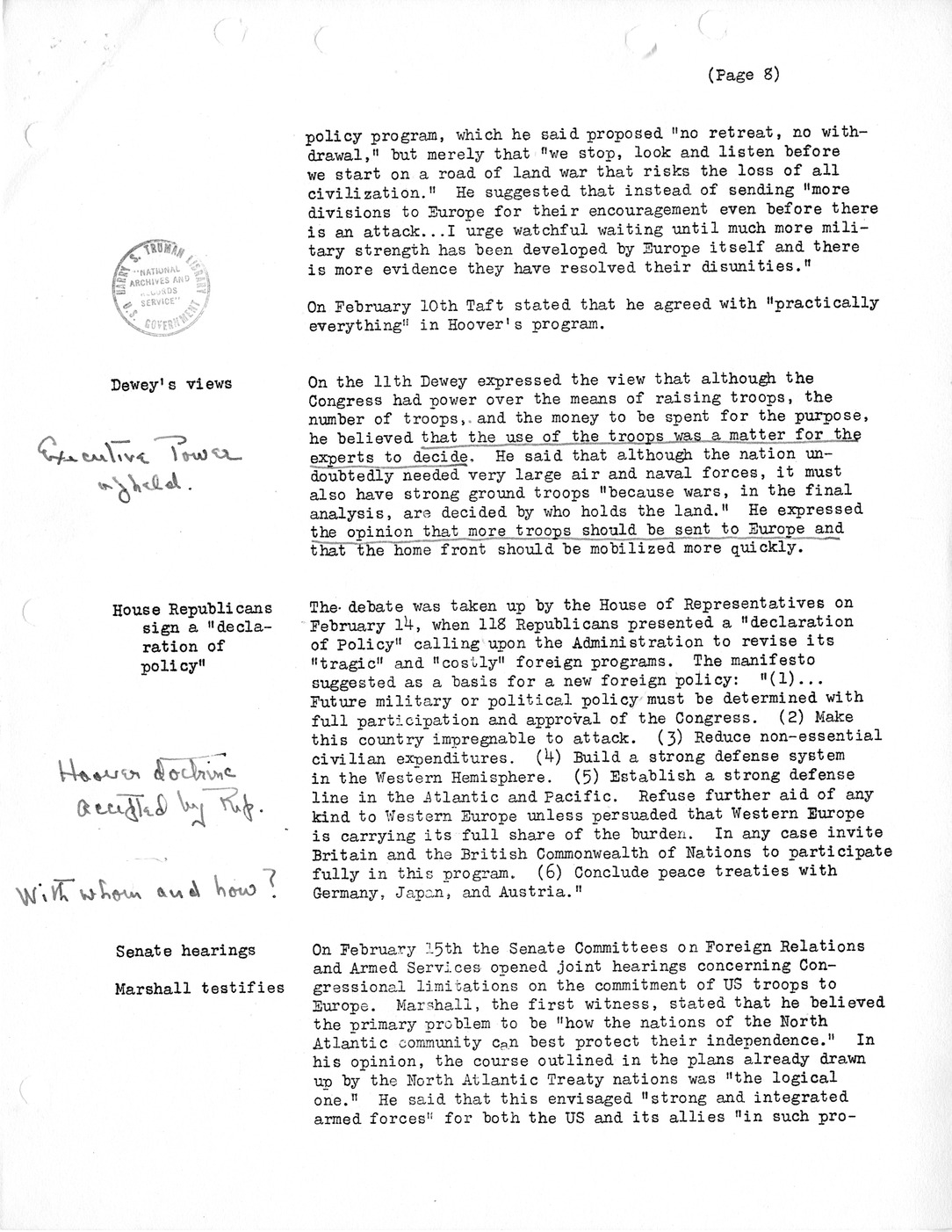 Synopsis H, "The Great Debate" and Troops to Europe, December 1950-April 1951