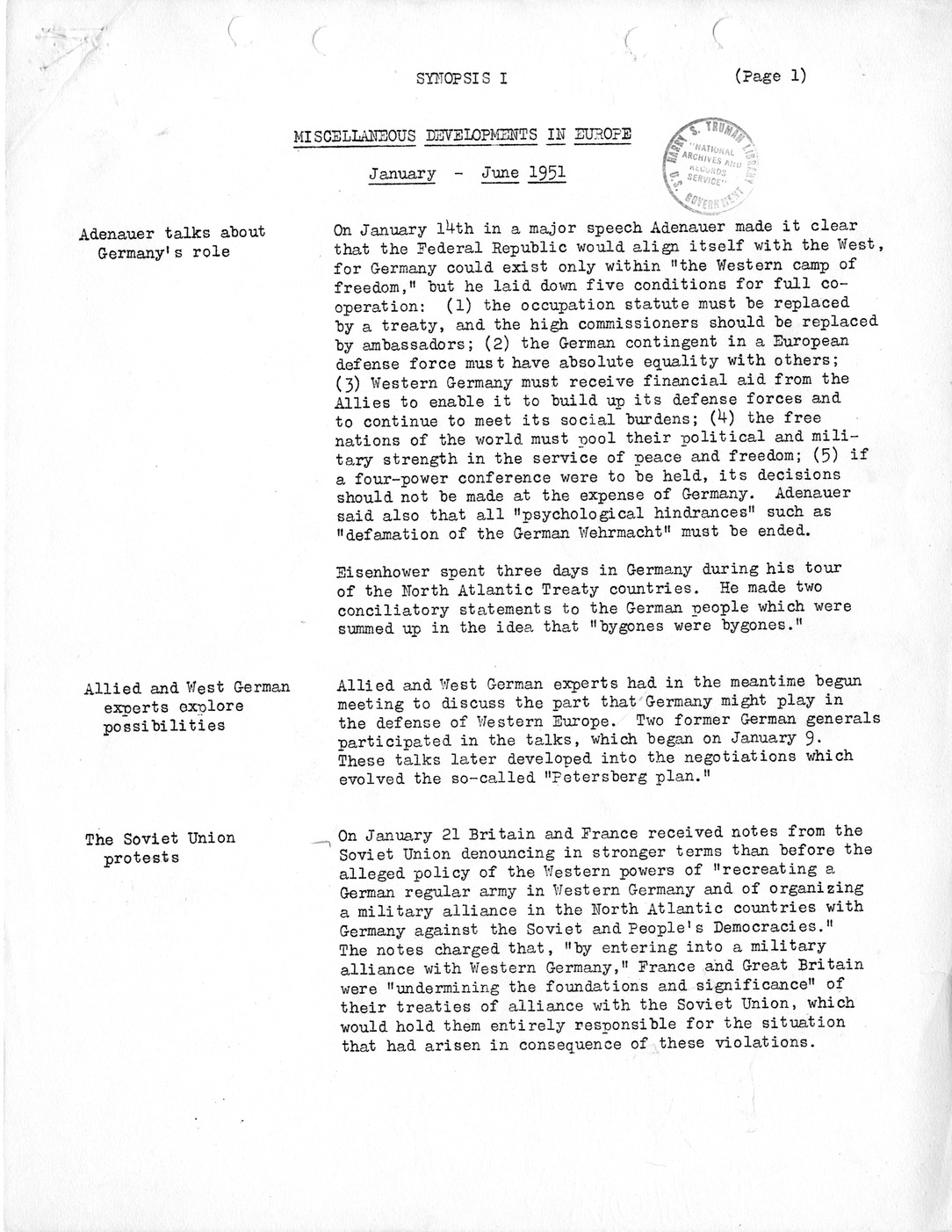 SYNOPSIS I, Miscellaneous Developments in Europe, January-June 1951