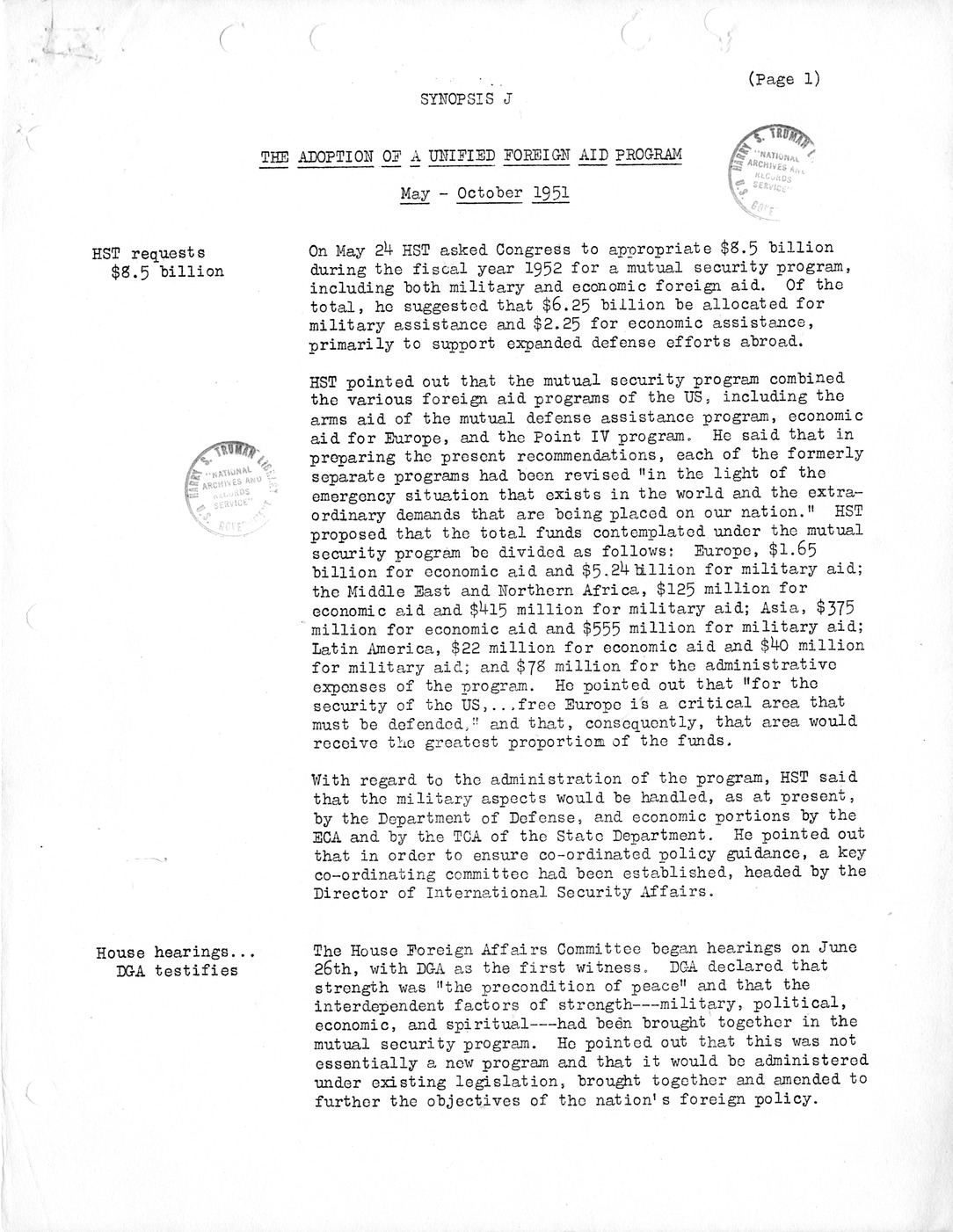 Synopsis J, The Adoption of a United Foreign Aid Program, May-October 1951