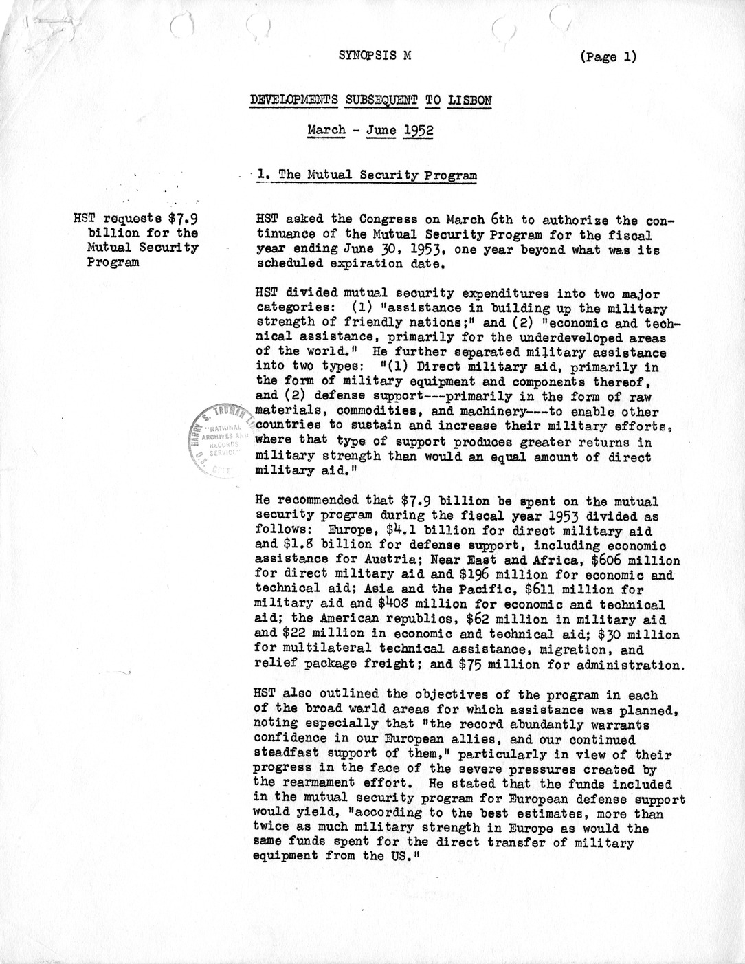 Synopsis M, Developments Subsequent to Lisbon, March-June, 1952