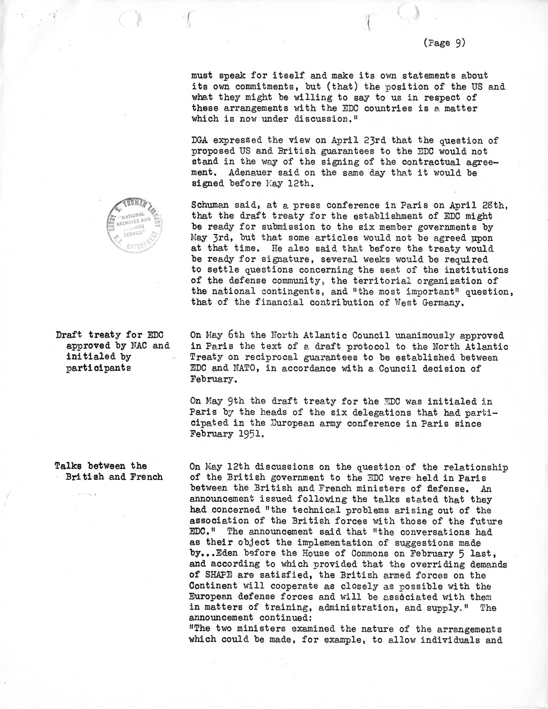 Synopsis M, Developments Subsequent to Lisbon, March-June, 1952