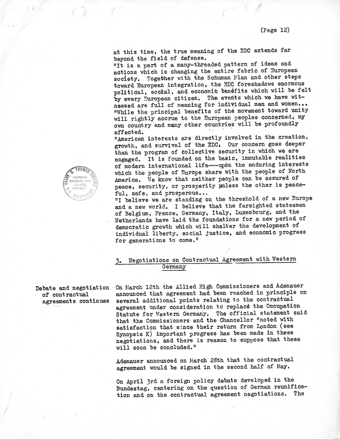 Synopsis M, Developments Subsequent to Lisbon, March-June, 1952