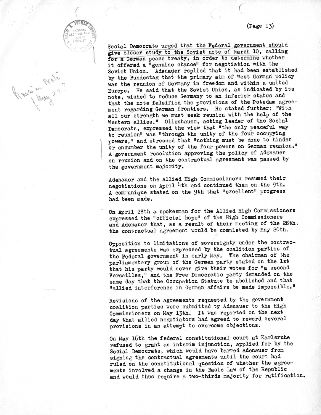 Synopsis M, Developments Subsequent to Lisbon, March-June, 1952