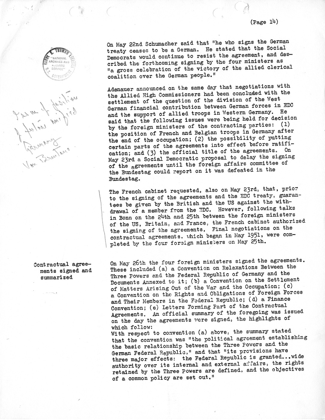 Synopsis M, Developments Subsequent to Lisbon, March-June, 1952