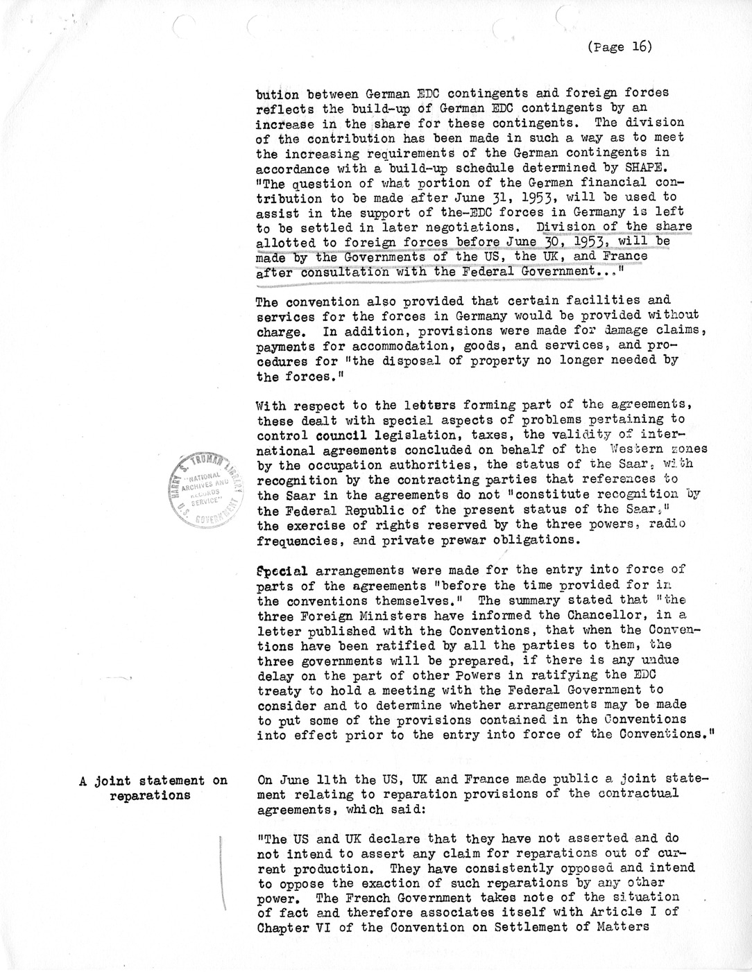 Synopsis M, Developments Subsequent to Lisbon, March-June, 1952