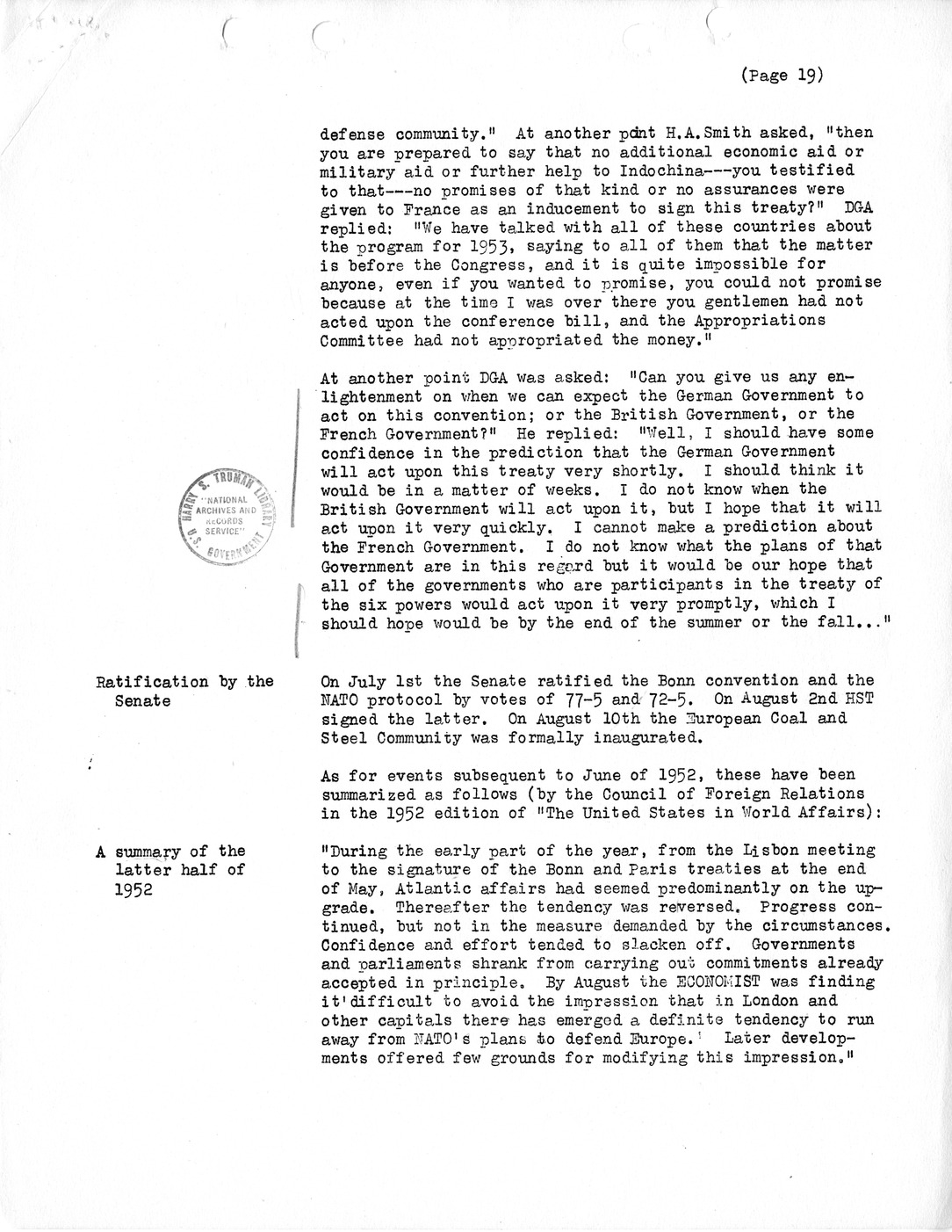 Synopsis M, Developments Subsequent to Lisbon, March-June, 1952