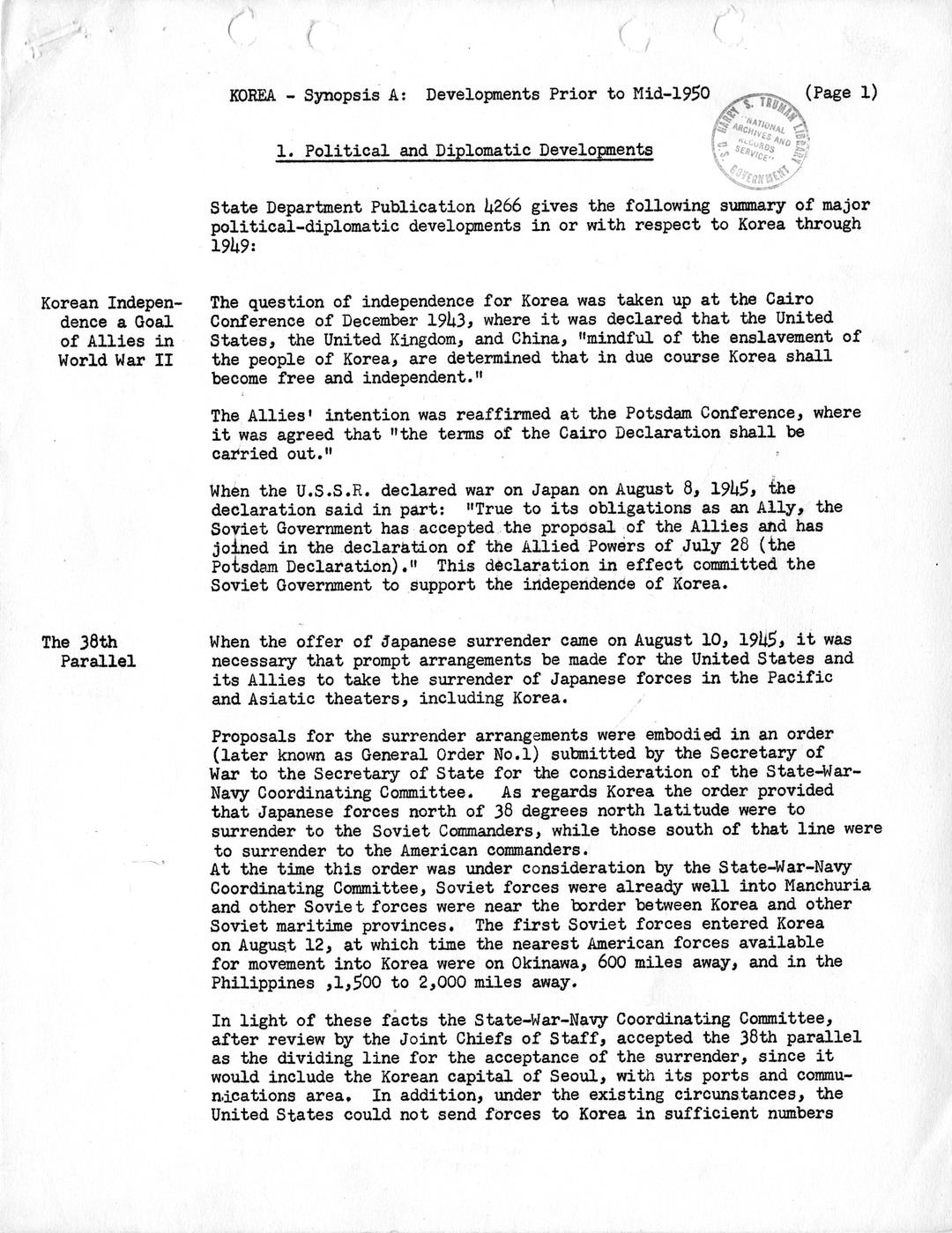 Synopsis A, Korea - Developments Prior to Mid-1950