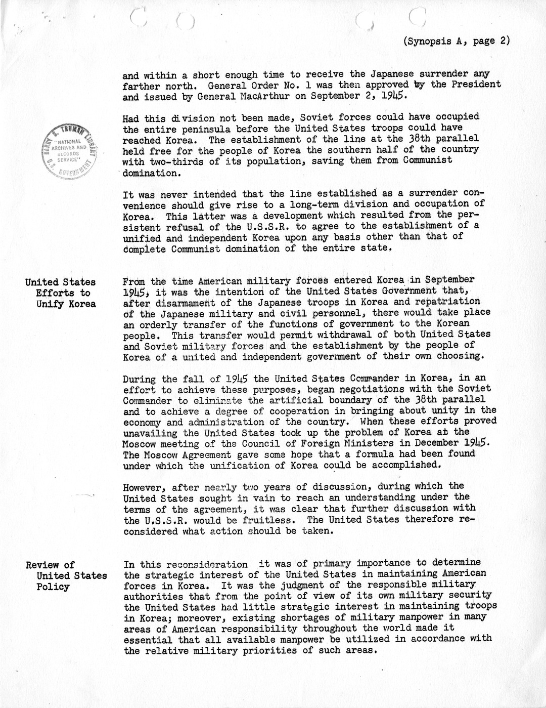 Synopsis A, Korea - Developments Prior to Mid-1950