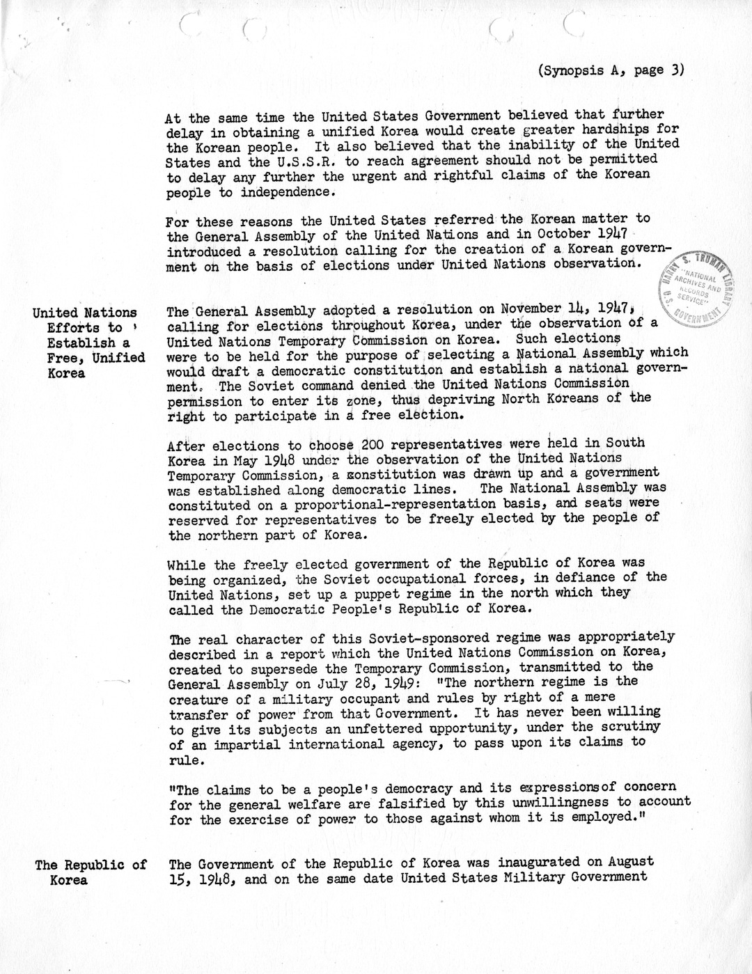 Synopsis A, Korea - Developments Prior to Mid-1950