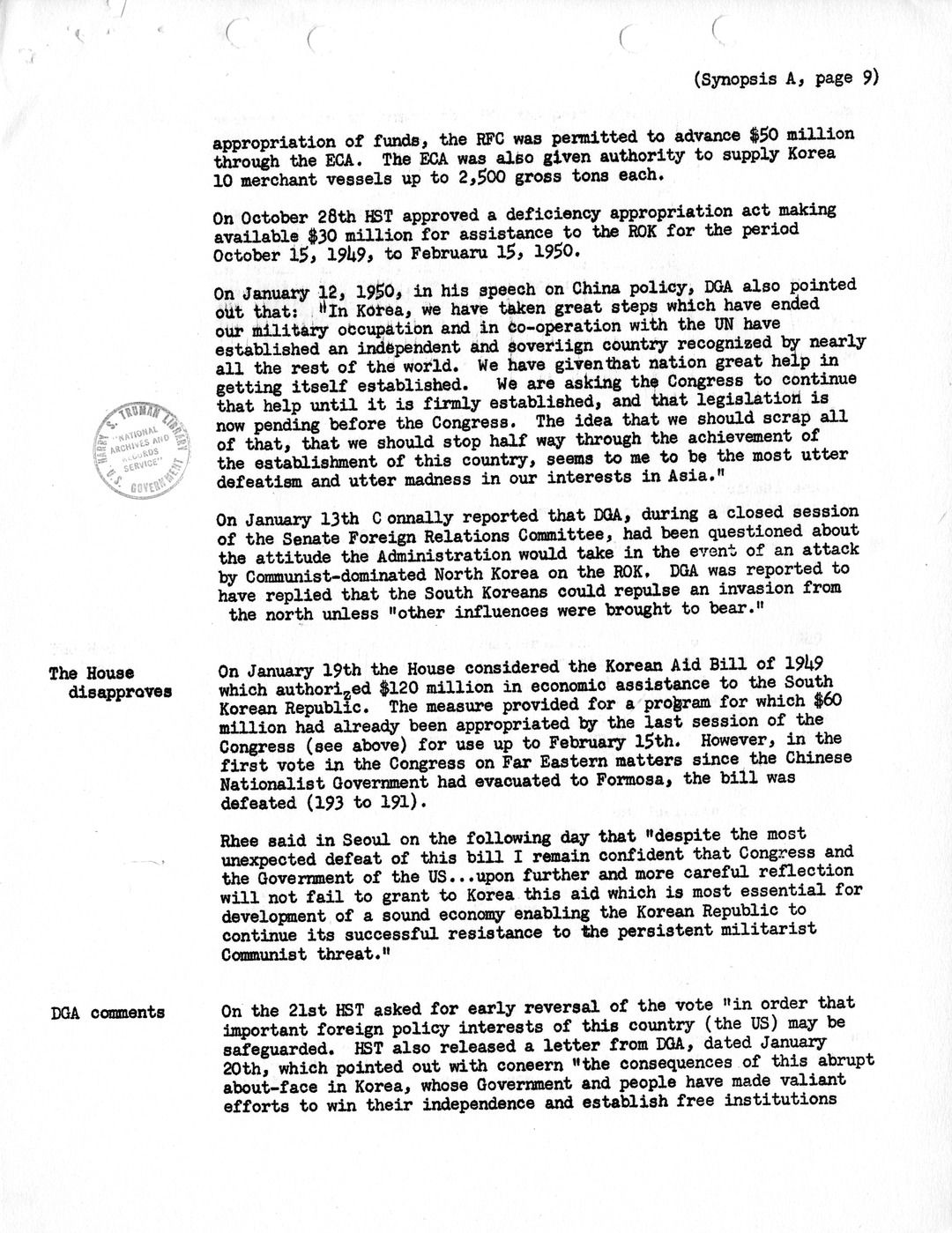 Synopsis A, Korea - Developments Prior to Mid-1950