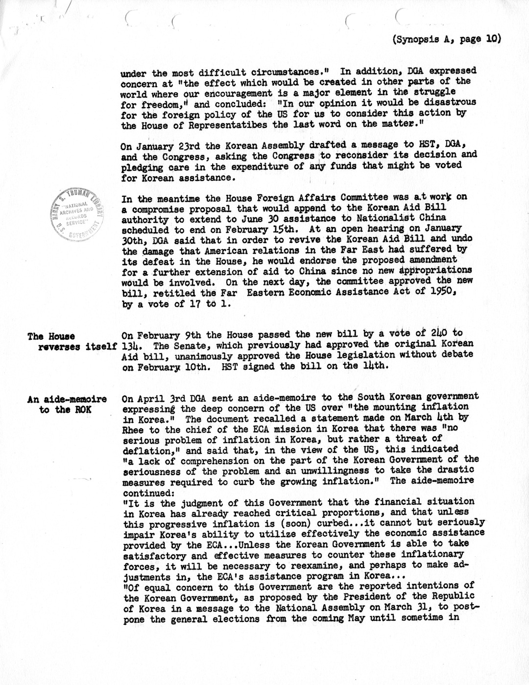 Synopsis A, Korea - Developments Prior to Mid-1950