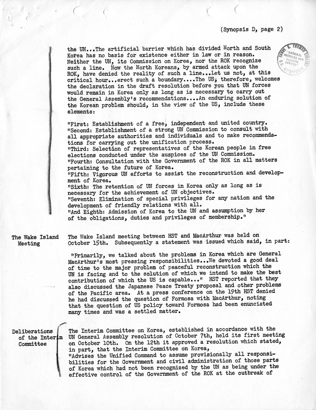 Synopsis D, Korea - Diplomatic-Political Developments, September-December 1950