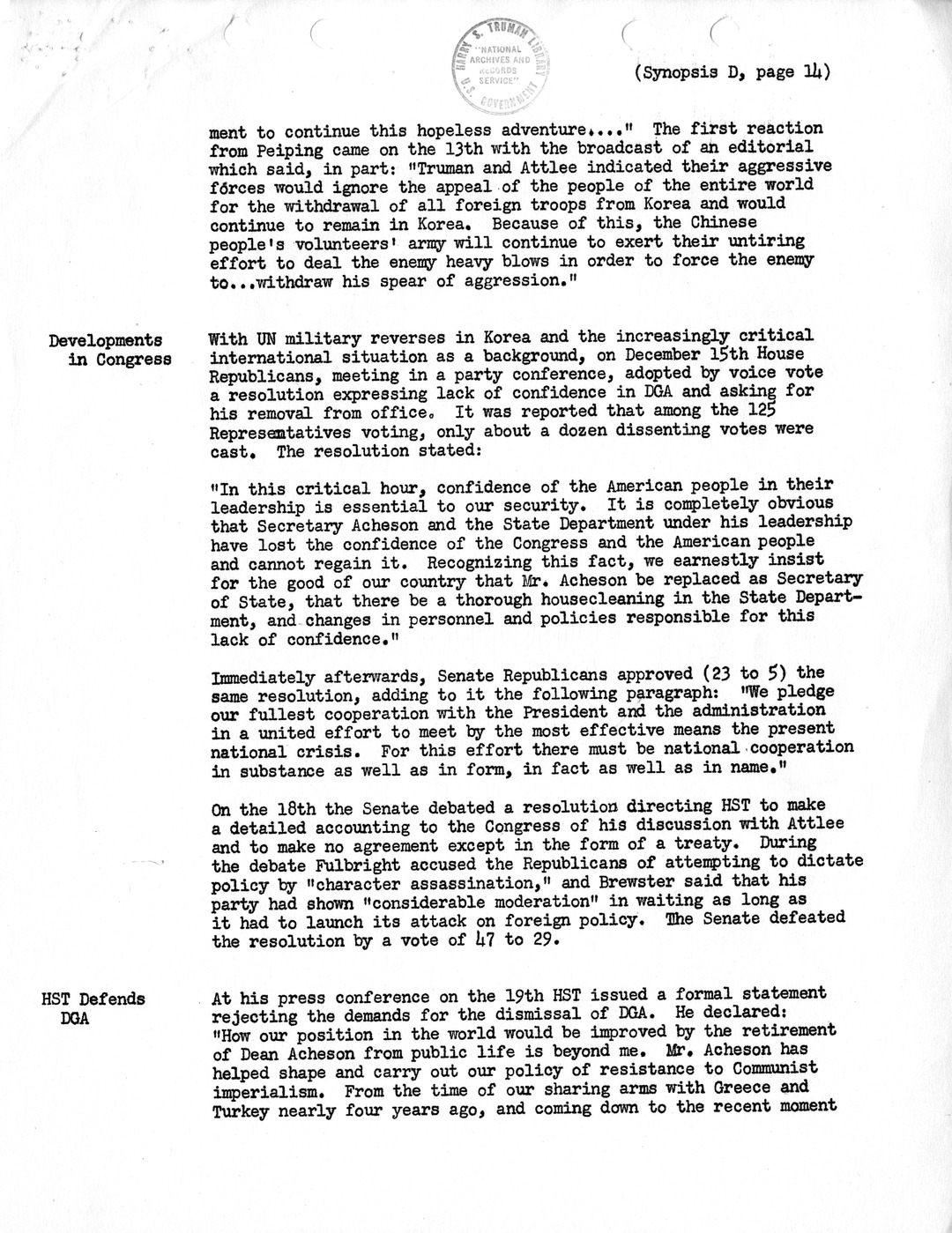Synopsis D, Korea - Diplomatic-Political Developments, September-December 1950