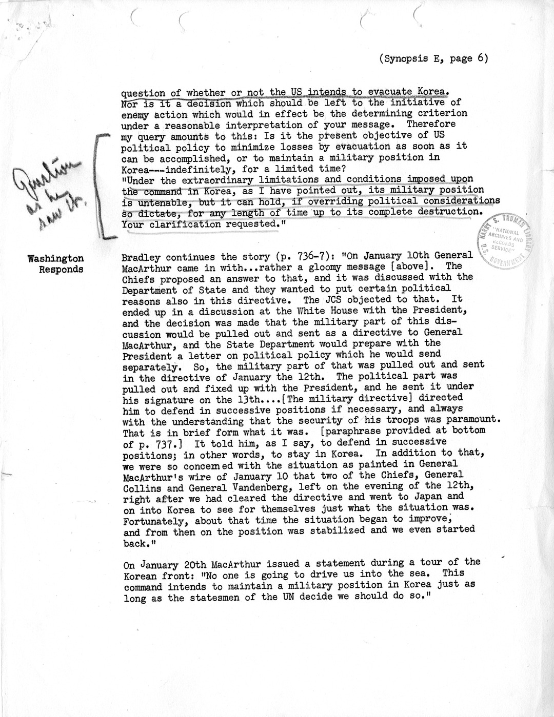 Synopsis E, Korea - Retreat from the Yalu, December 1950-January 1951