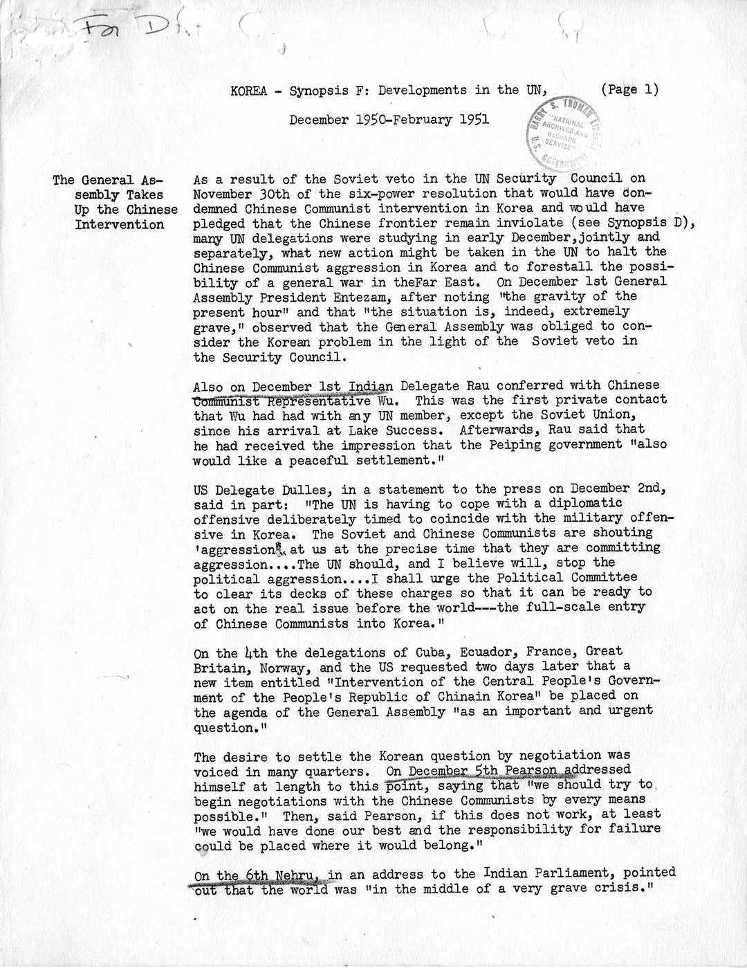 Synopsis F, Korea - Developments in the United Nations, December 1950-February 1951