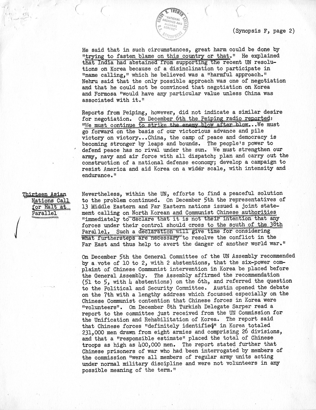 Synopsis F, Korea - Developments in the United Nations, December 1950-February 1951