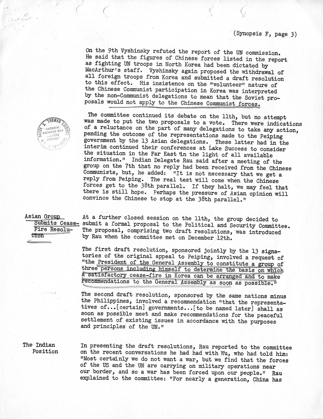 Synopsis F, Korea - Developments in the United Nations, December 1950-February 1951