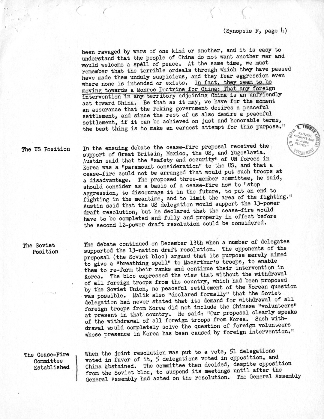 Synopsis F, Korea - Developments in the United Nations, December 1950-February 1951