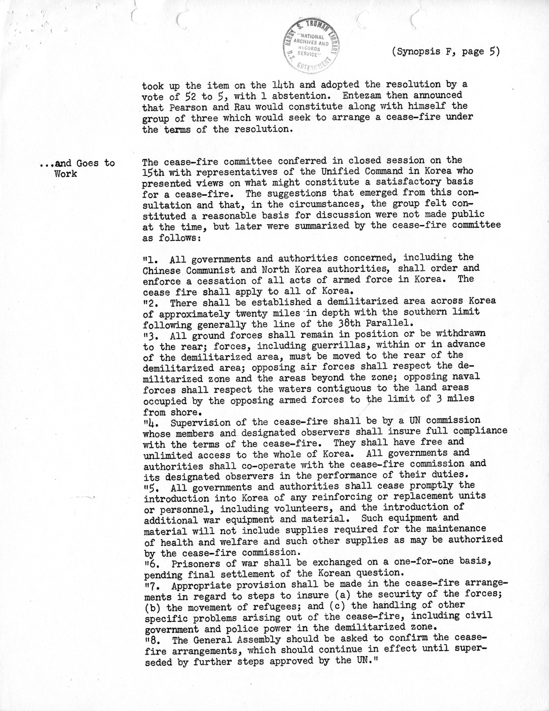 Synopsis F, Korea - Developments in the United Nations, December 1950-February 1951