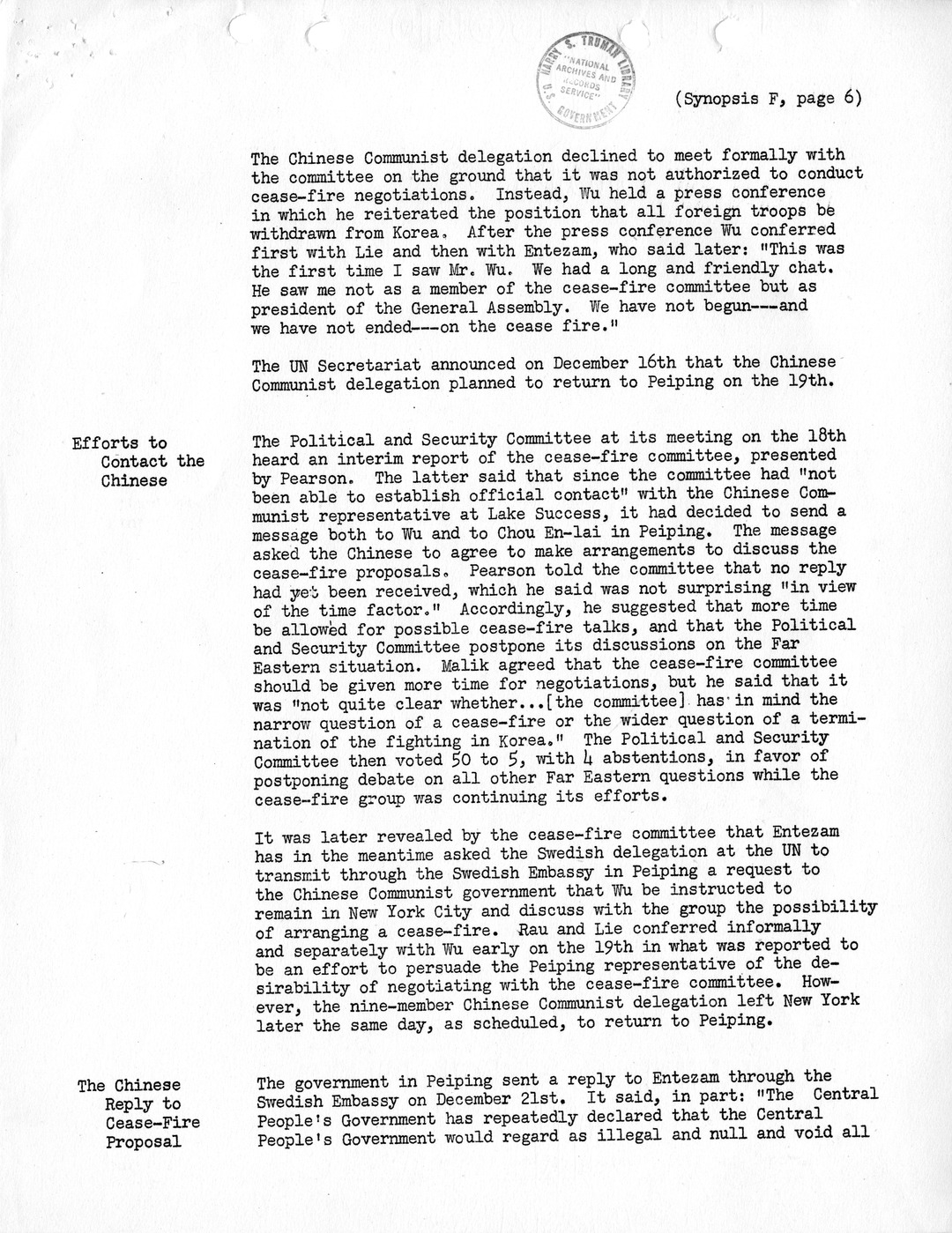 Synopsis F, Korea - Developments in the United Nations, December 1950-February 1951