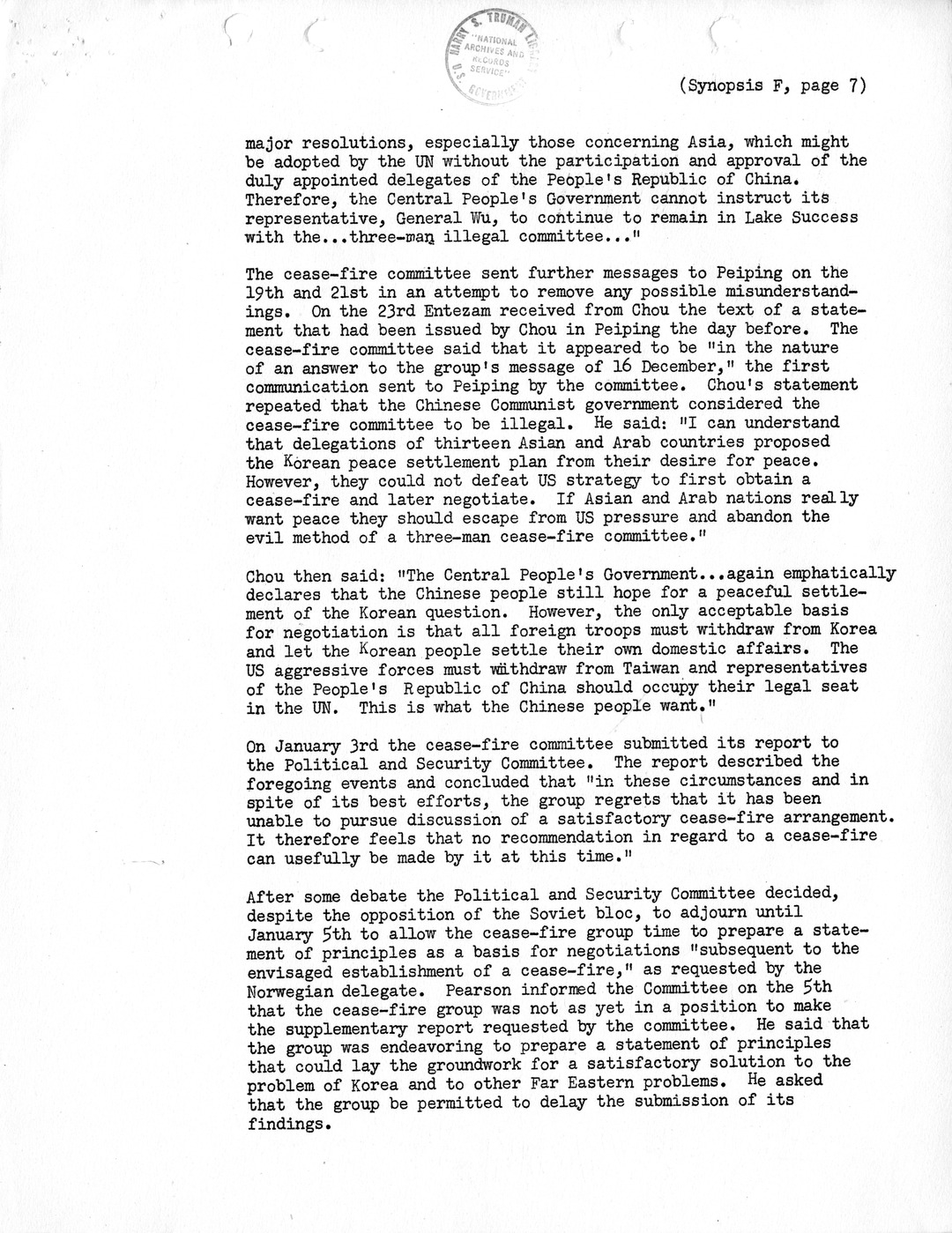 Synopsis F, Korea - Developments in the United Nations, December 1950-February 1951