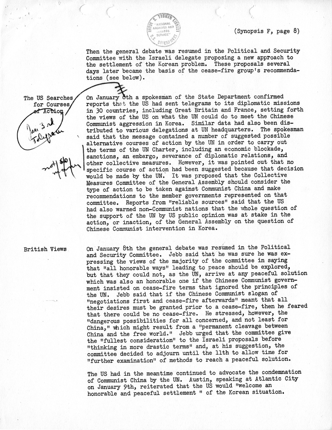 Synopsis F, Korea - Developments in the United Nations, December 1950-February 1951