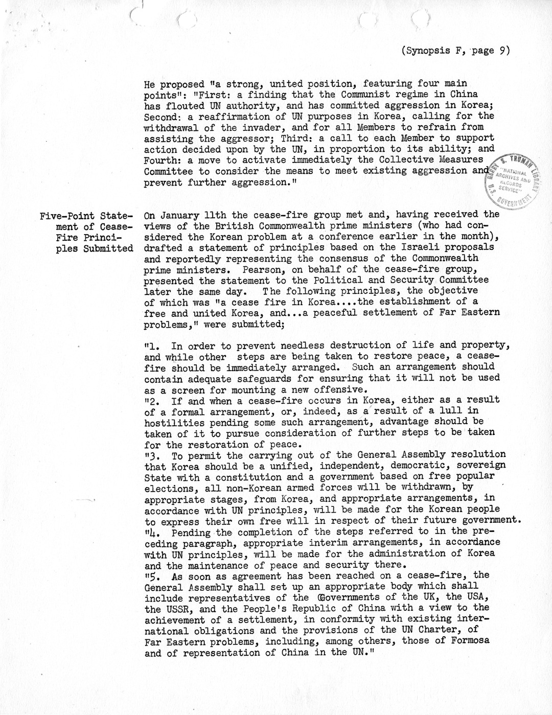 Synopsis F, Korea - Developments in the United Nations, December 1950-February 1951