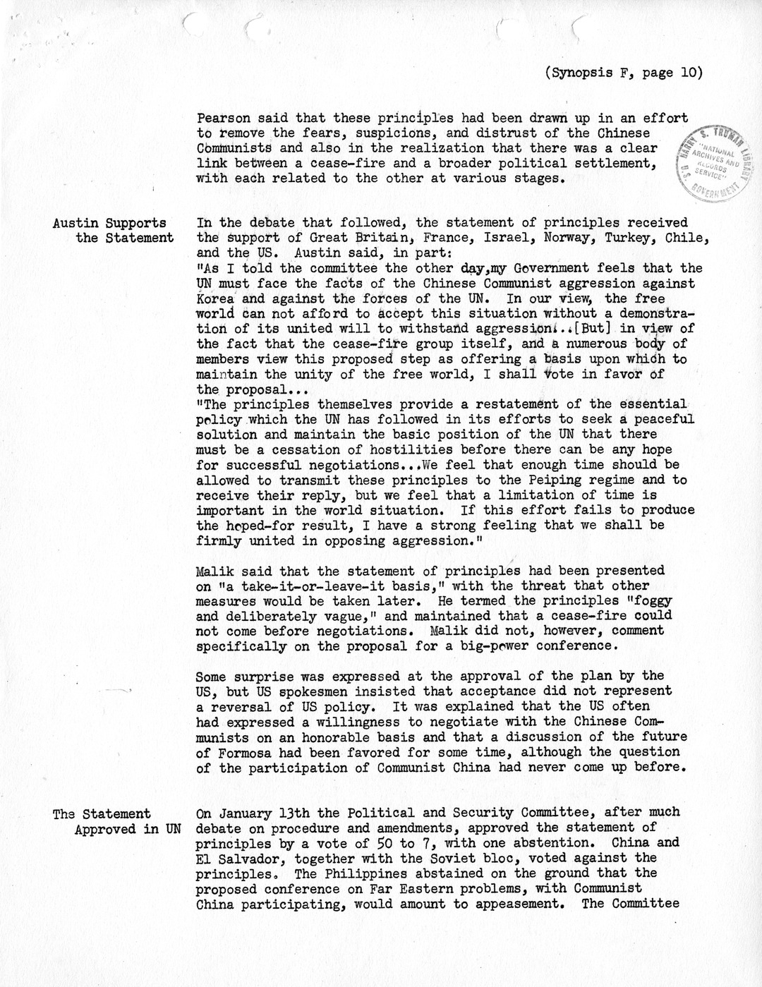 Synopsis F, Korea - Developments in the United Nations, December 1950-February 1951