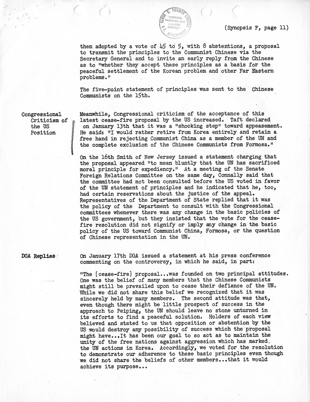 Synopsis F, Korea - Developments in the United Nations, December 1950-February 1951