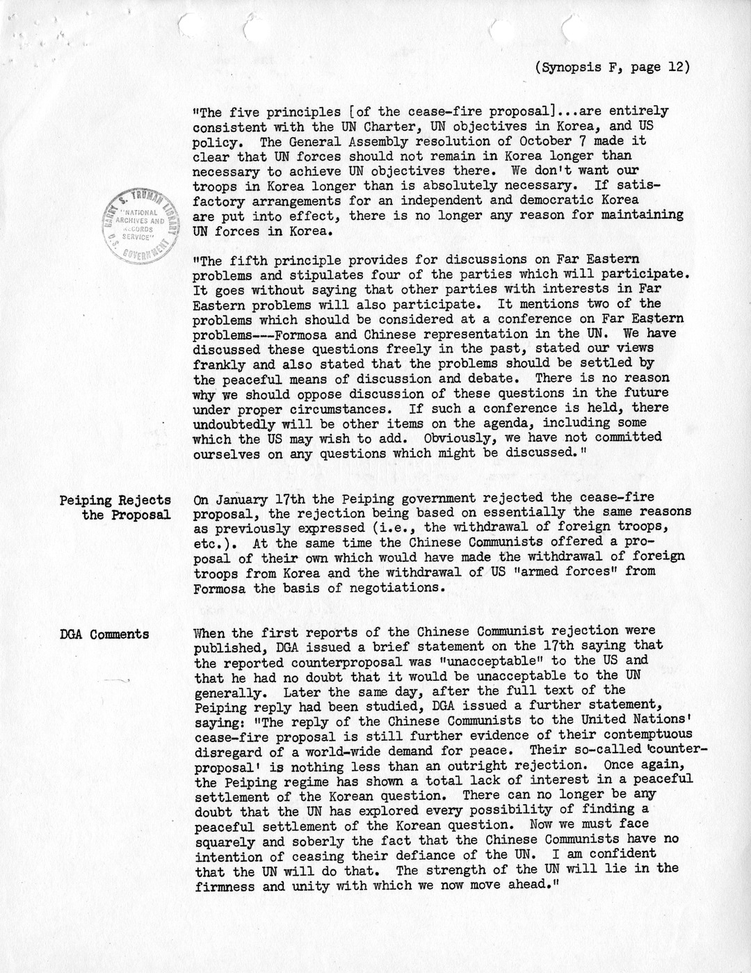 Synopsis F, Korea - Developments in the United Nations, December 1950-February 1951