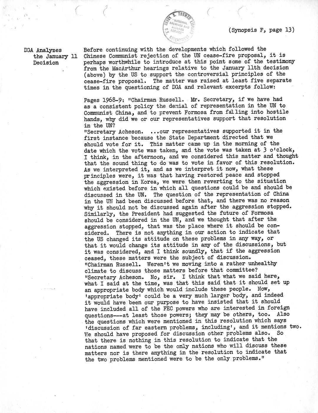 Synopsis F, Korea - Developments in the United Nations, December 1950-February 1951