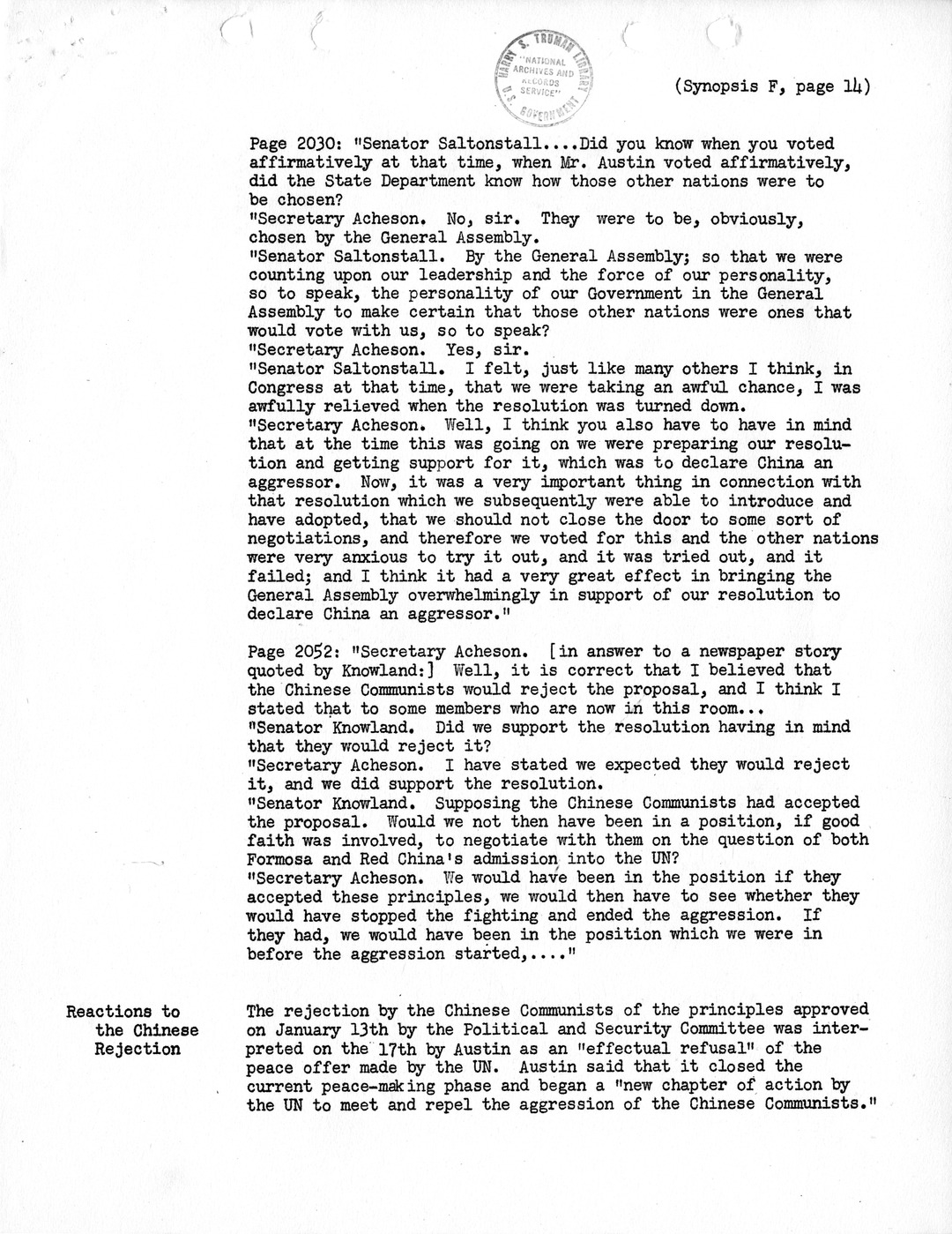 Synopsis F, Korea - Developments in the United Nations, December 1950-February 1951