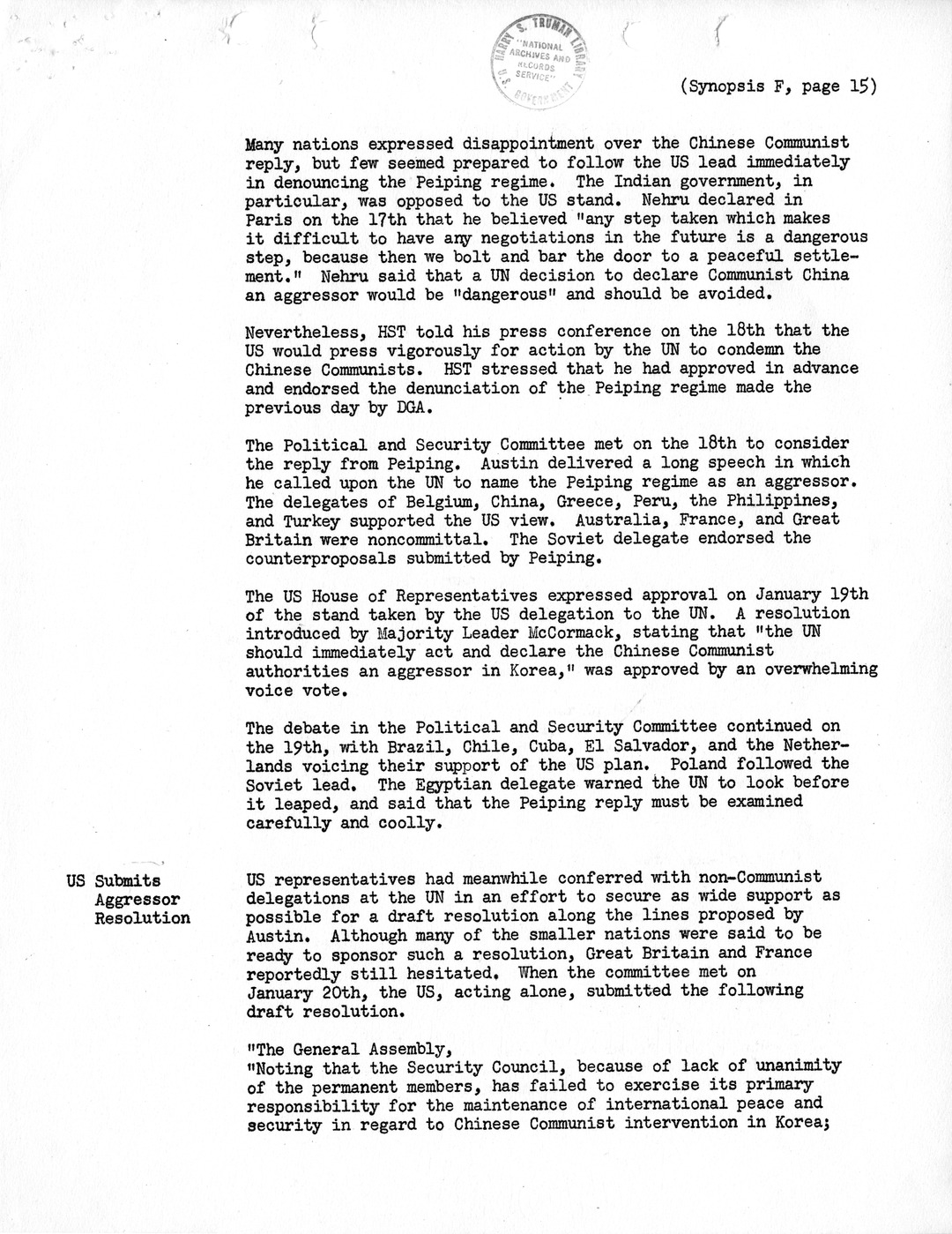 Synopsis F, Korea - Developments in the United Nations, December 1950-February 1951