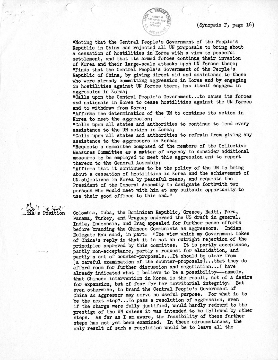 Synopsis F, Korea - Developments in the United Nations, December 1950-February 1951