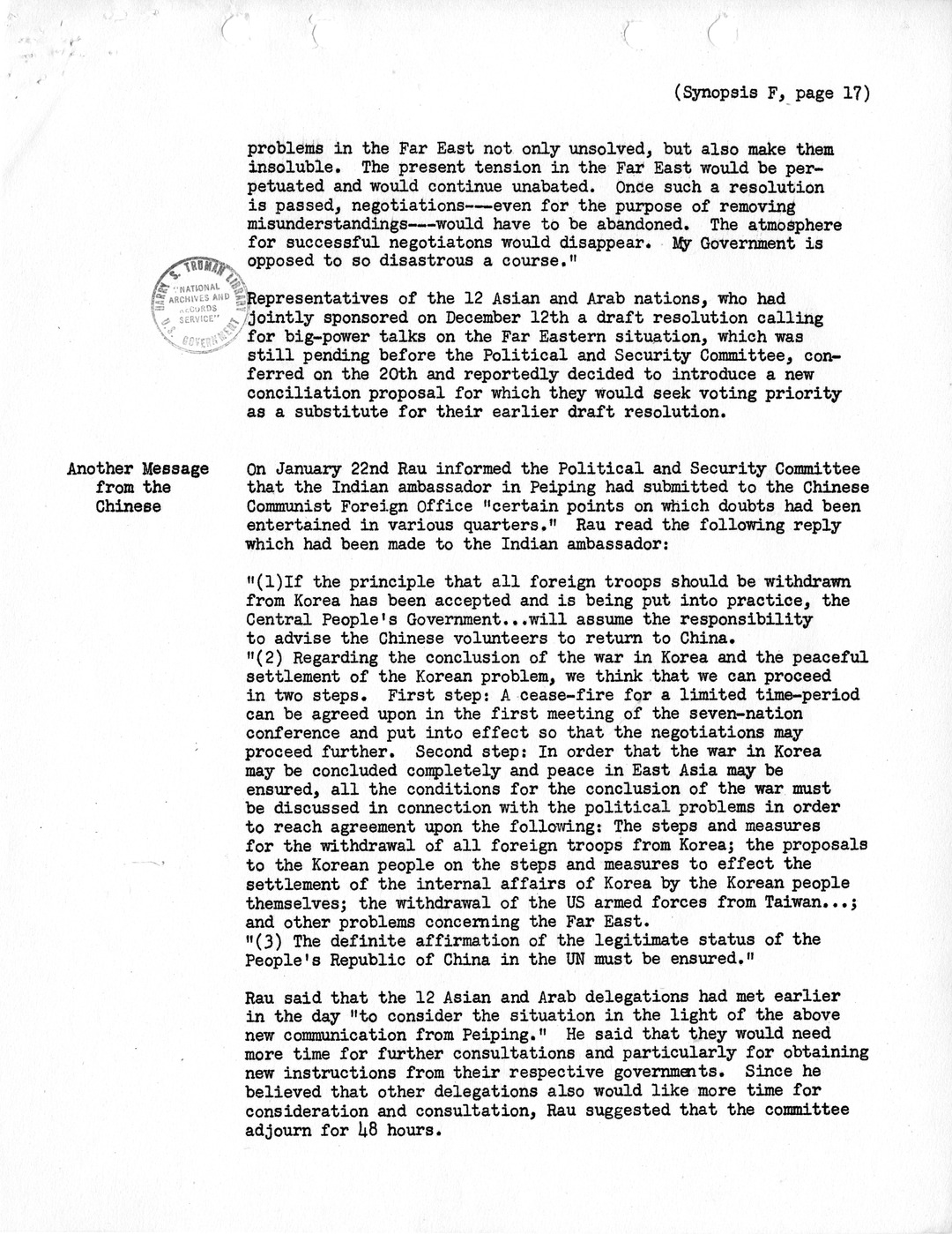 Synopsis F, Korea - Developments in the United Nations, December 1950-February 1951