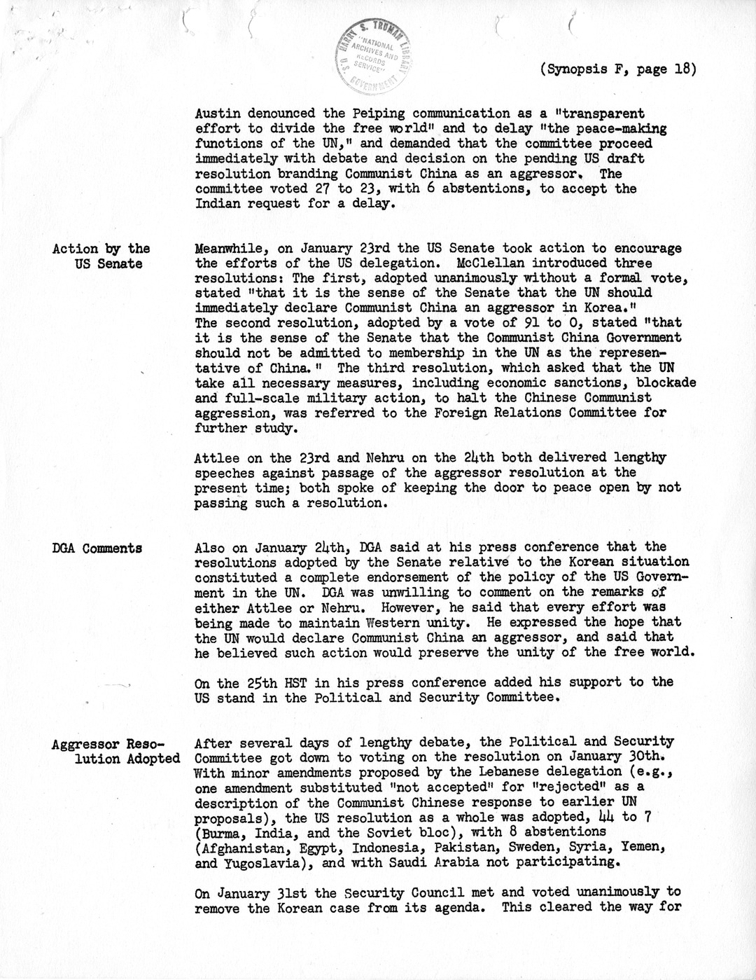 Synopsis F, Korea - Developments in the United Nations, December 1950-February 1951