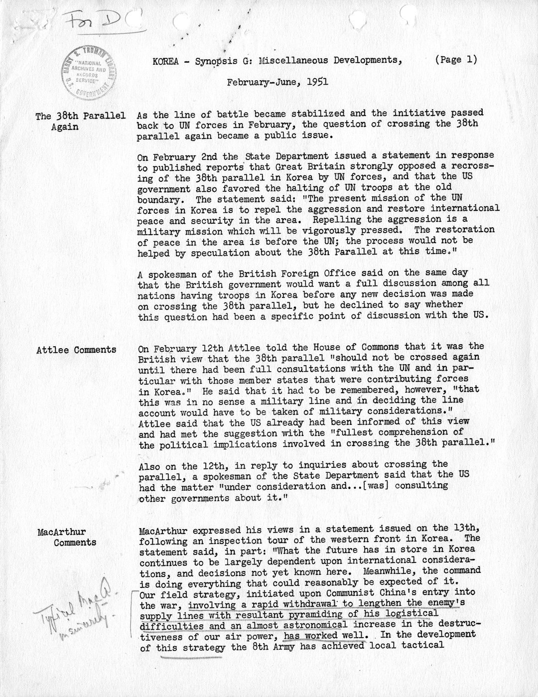 Synopsis G, Korea - Miscellaneous Developments, February-June, 1951