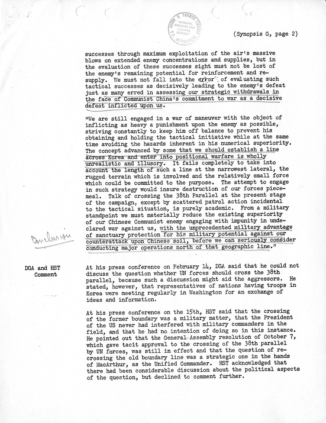 Synopsis G, Korea - Miscellaneous Developments, February-June, 1951