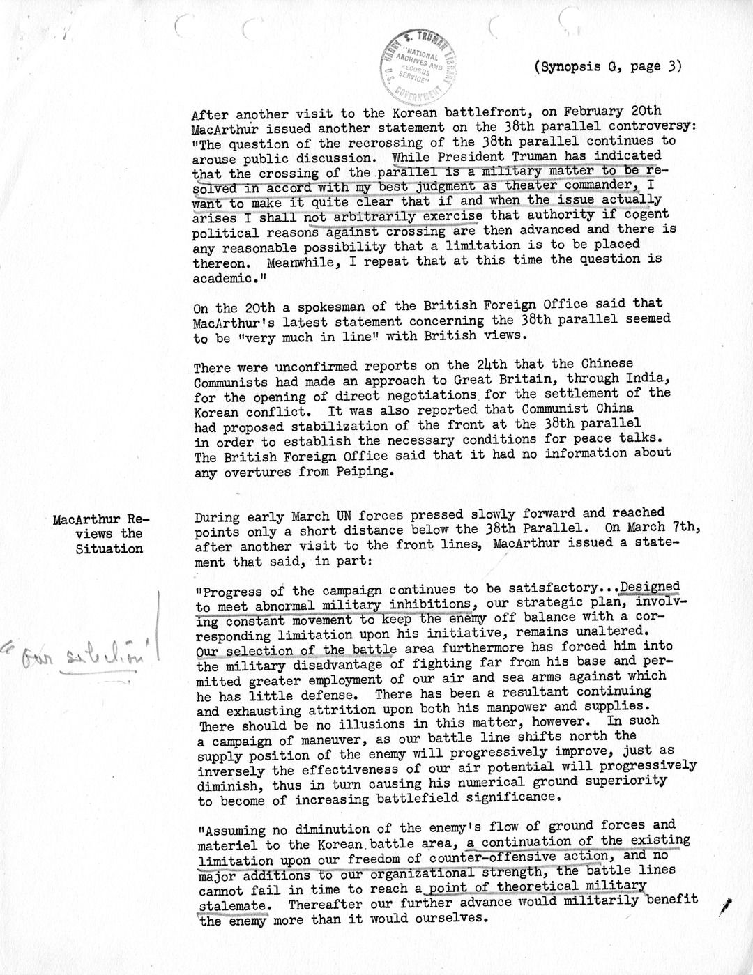 Synopsis G, Korea - Miscellaneous Developments, February-June, 1951