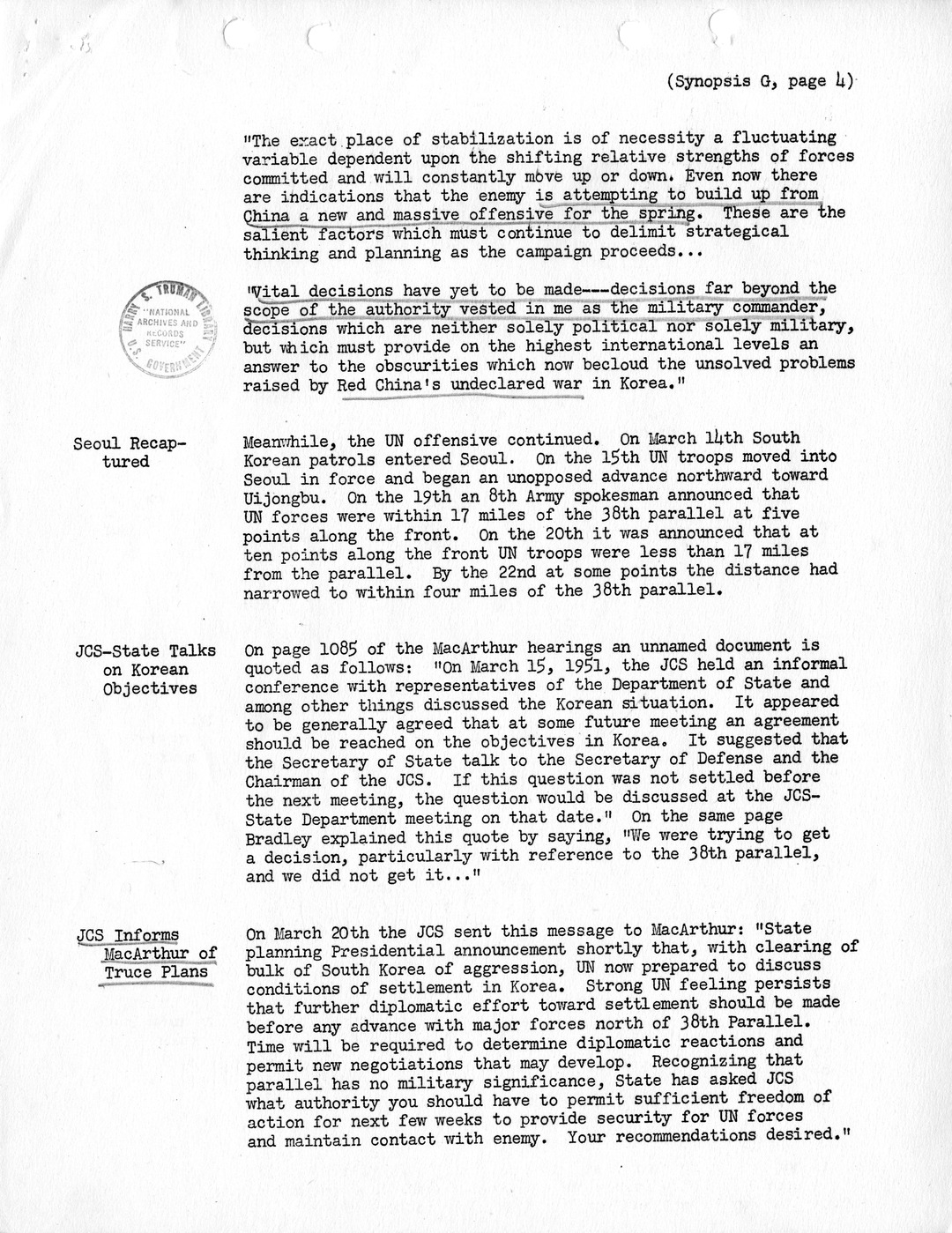 Synopsis G, Korea - Miscellaneous Developments, February-June, 1951