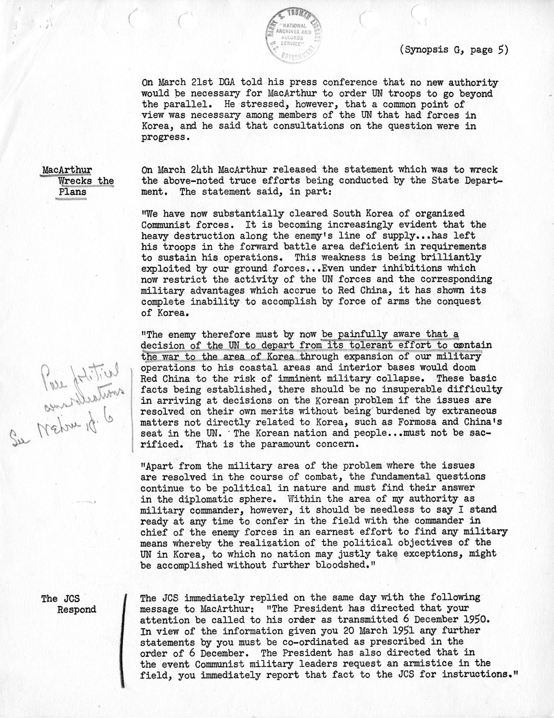 Synopsis G, Korea - Miscellaneous Developments, February-June, 1951