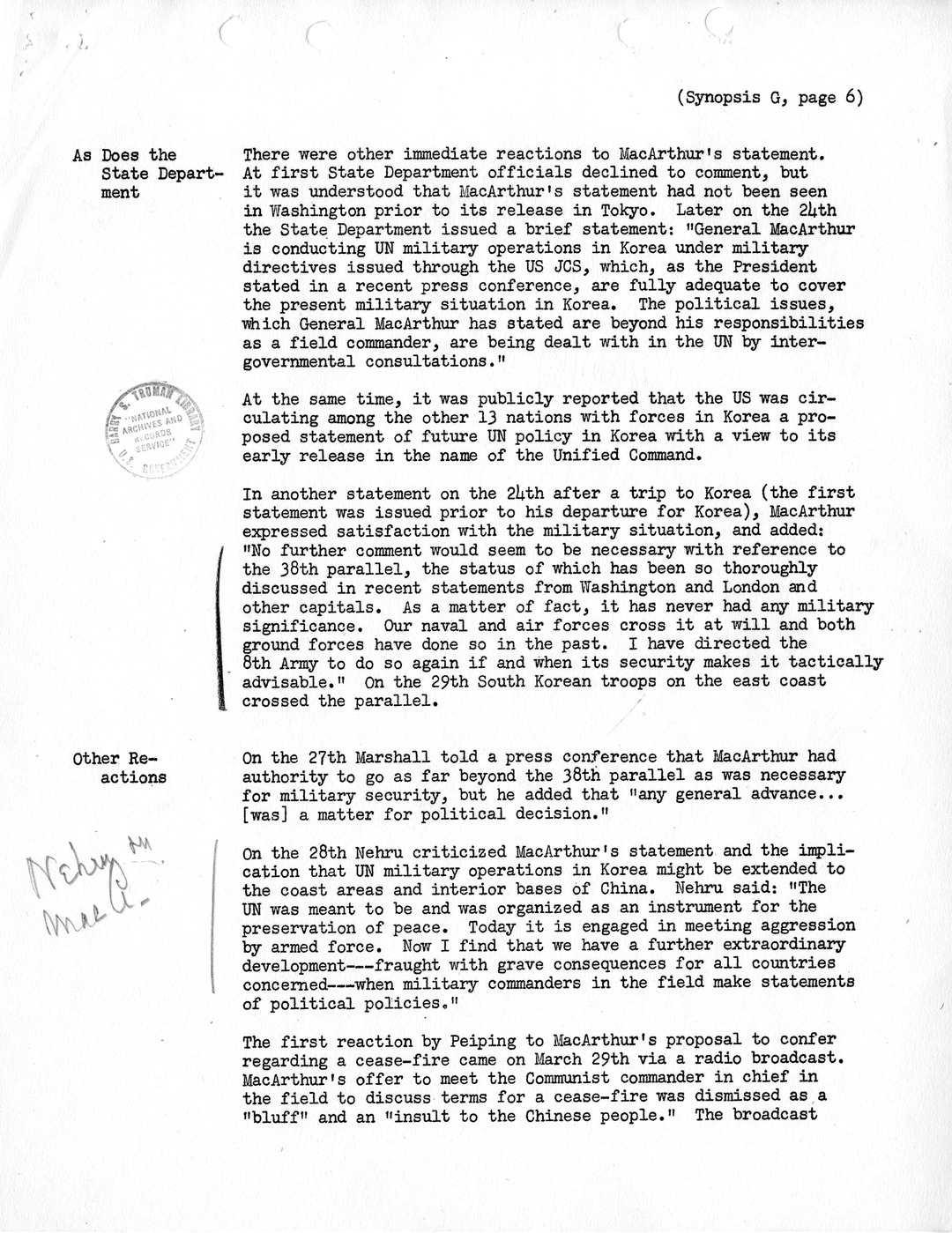 Synopsis G, Korea - Miscellaneous Developments, February-June, 1951