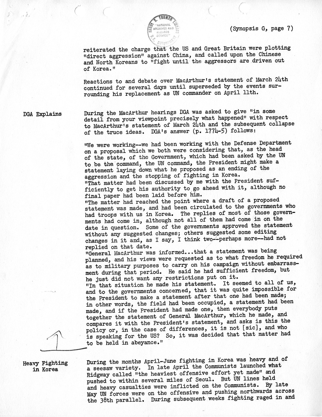 Synopsis G, Korea - Miscellaneous Developments, February-June, 1951