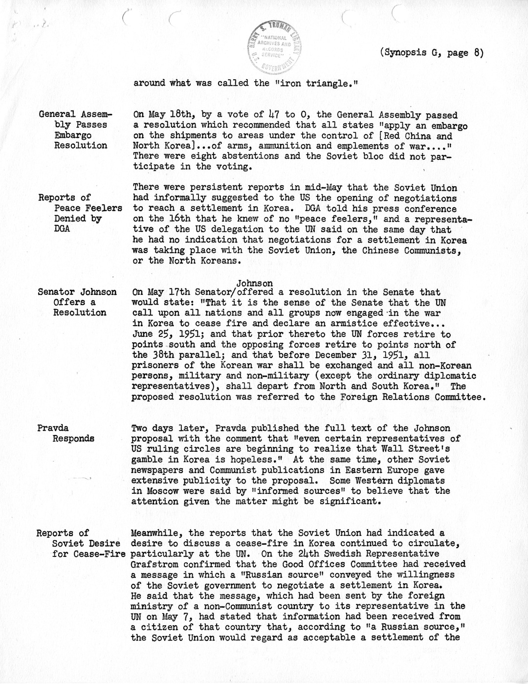 Synopsis G, Korea - Miscellaneous Developments, February-June, 1951