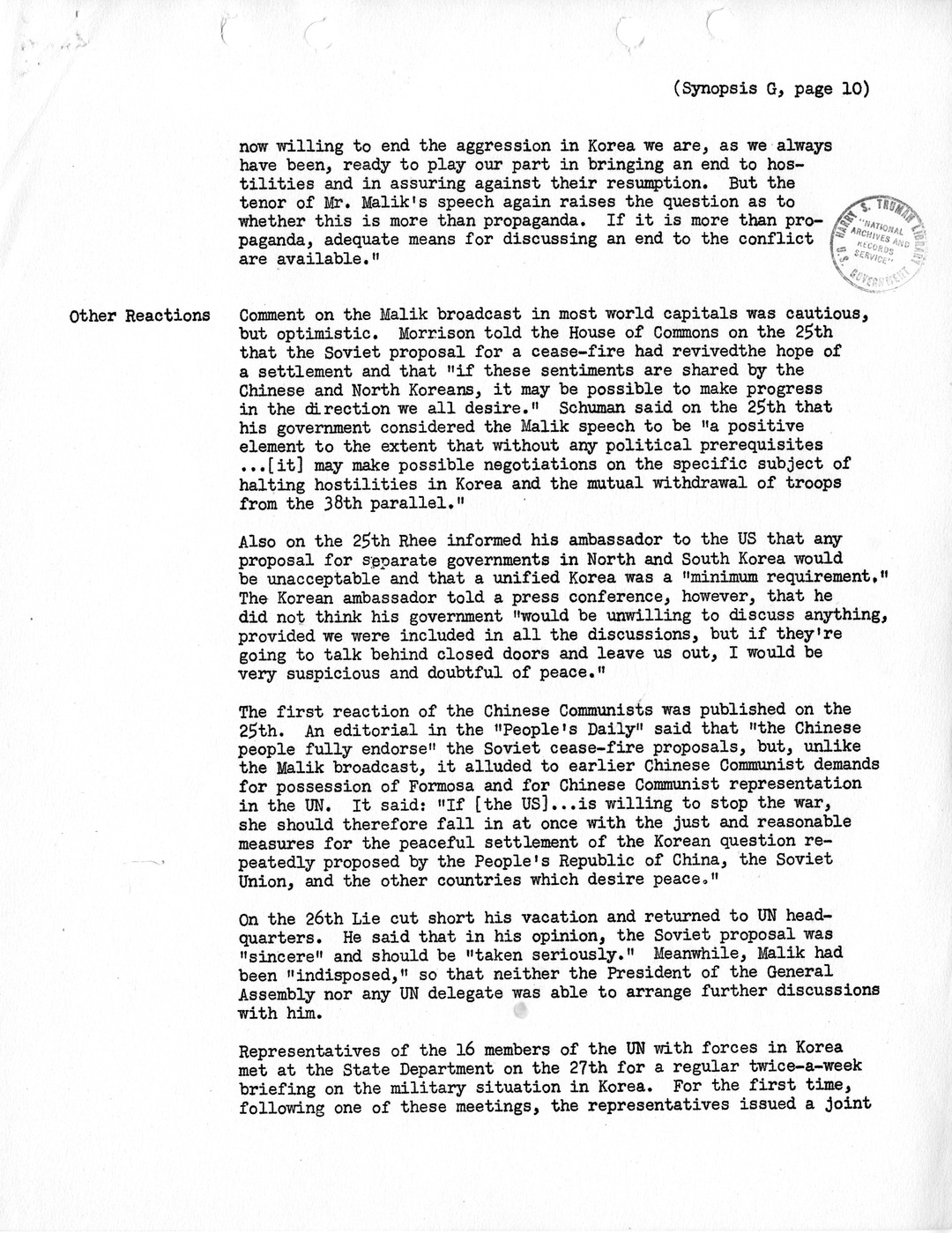 Synopsis G, Korea - Miscellaneous Developments, February-June, 1951