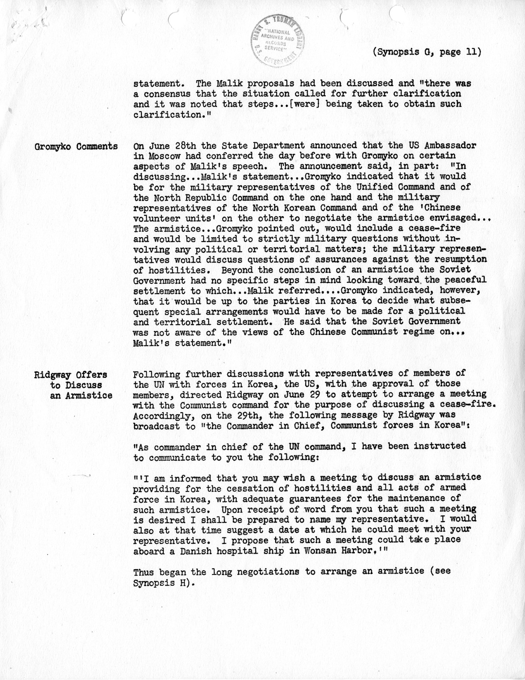 Synopsis G, Korea - Miscellaneous Developments, February-June, 1951