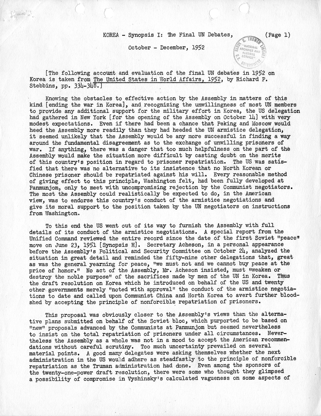 Synopsis I, Korea - The Final United Nations Debates, October-December, 1952