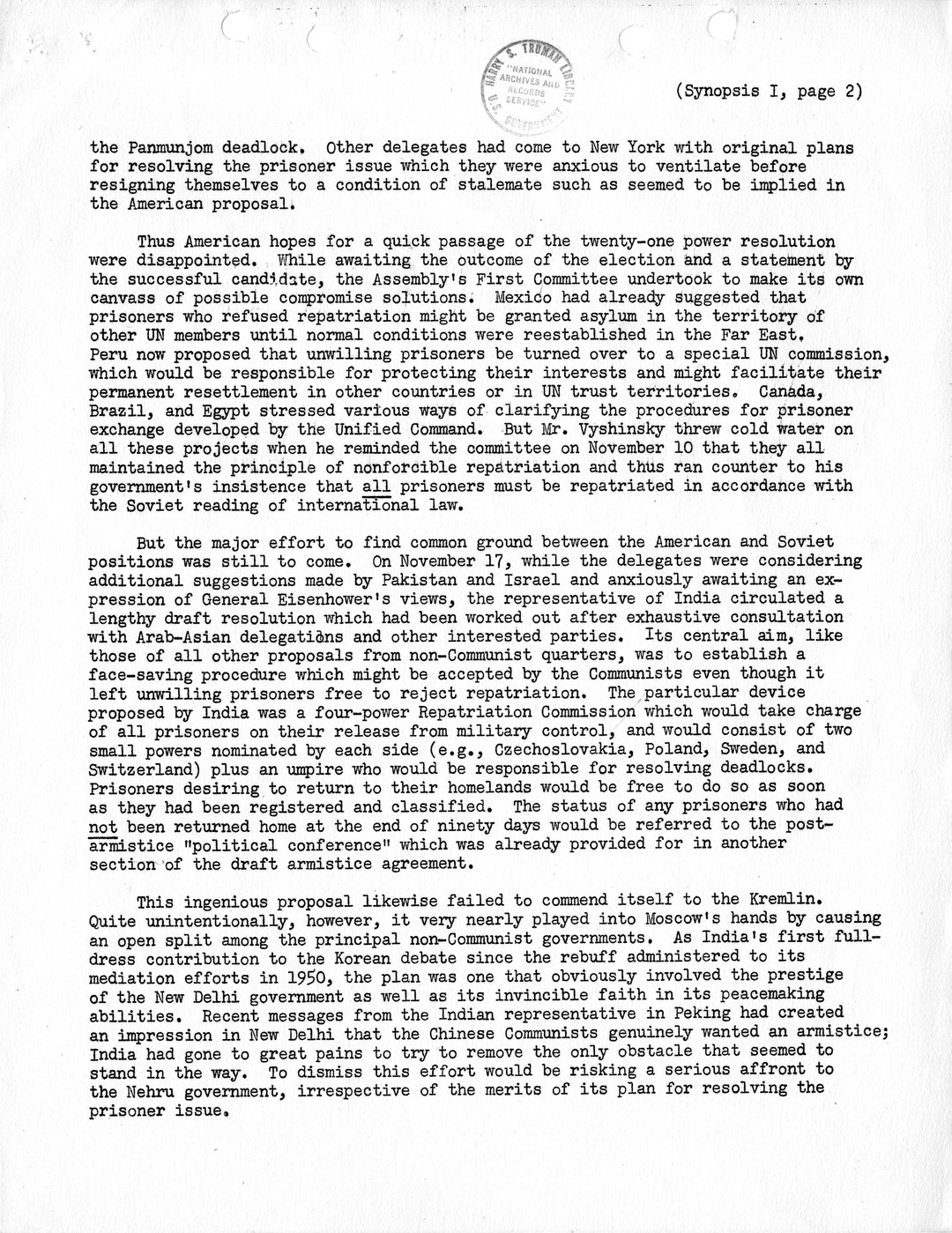 Synopsis I, Korea - The Final United Nations Debates, October-December, 1952